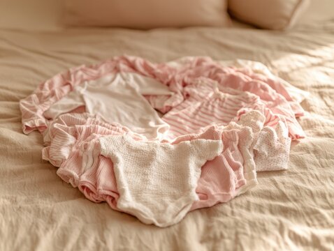 Soft Pink Ruffled Baby Underwear on Light Textured Fabric Surface