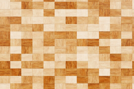 Texture di pavimento in parquet a mosaico con piastrelle quadrate in diverse tonalit&agrave; di legno, dal beige chiaro al marrone scuro. Ideale come sfondo geometrico.