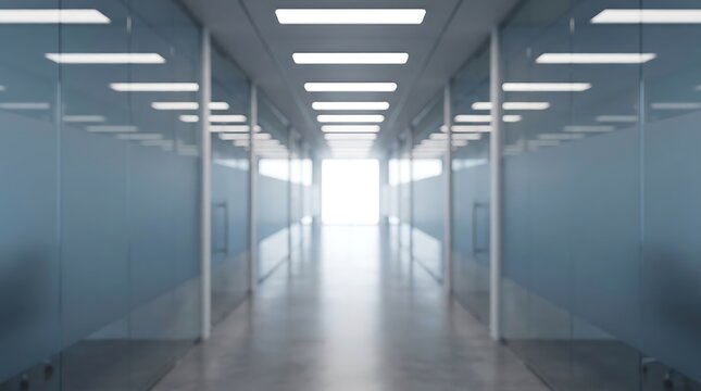 Modern long office corridor with bright overhead lights and glass partitioned rooms leading to a luminous exit
