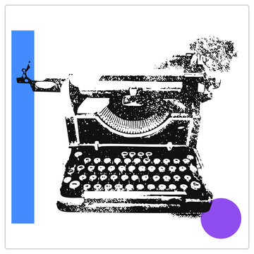 Grungy halftone print of an old manual typewriter, the classic writers "clacker," in speckled black stencil texture. Retro blue bar and purple circle shapes frame this nostalgic typing machine cutout