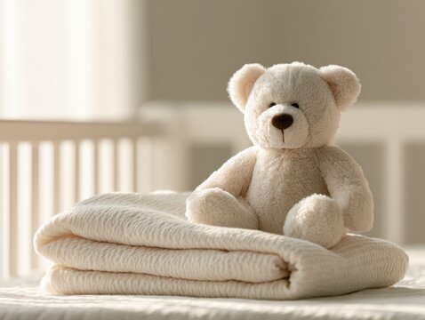 Soft white teddy bear sitting on folded blanket near baby crib