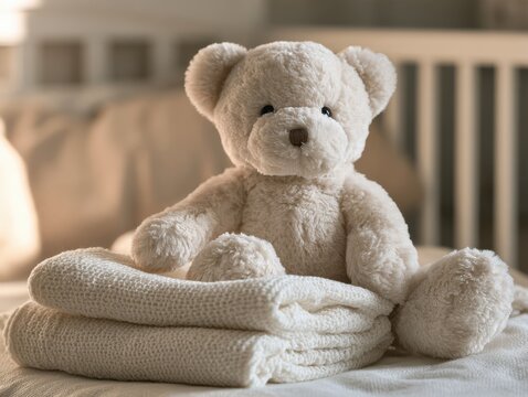 Soft white teddy bear sitting on folded knitted blanket near crib