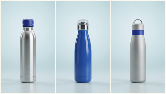 Three reusable metal water bottles with different caps on a light blue background