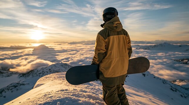Snowboarder standing on mountain peak looking at sunset and sea of clouds