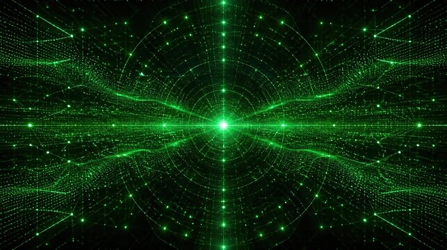 Abstract green digital network grid with glowing connections and nodes