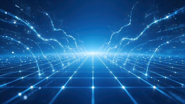 Abstract digital network pathways glowing with bright blue light and data streams