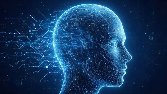 Digital human head with glowing circuits representing artificial intelligence and data flow
