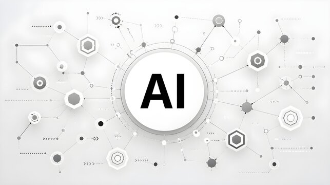 Abstract network of interconnected nodes and geometric shapes representing AI