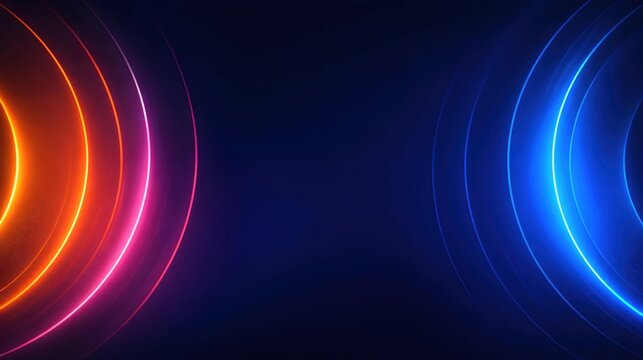 Abstract glowing neon circles in contrasting orange and blue hues on dark background