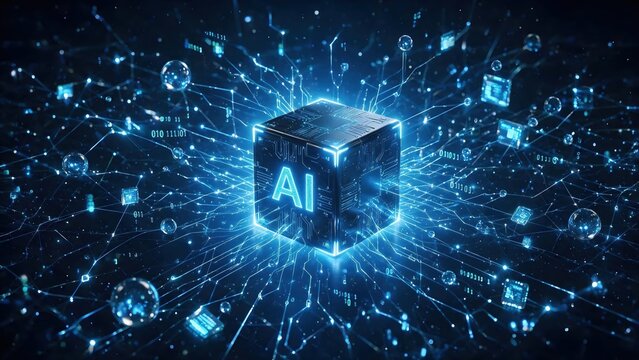Glowing AI cube at the center of a digital network with binary code
