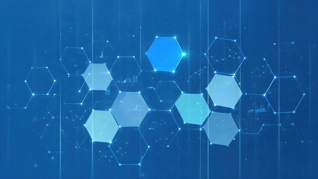 Abstract digital network of interconnected hexagons and data visualizations