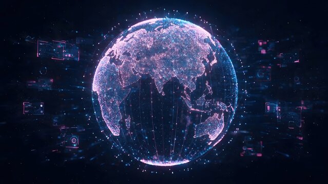 Digital globe with glowing particles and abstract data streams in dark space
