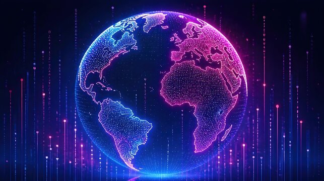 Digital globe with glowing continents and data streams in neon blue and pink