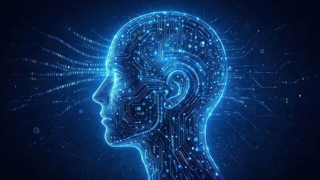 Abstract digital human head with glowing circuits and binary code streams