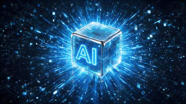 Glowing AI cube with digital network and light rays on a dark background