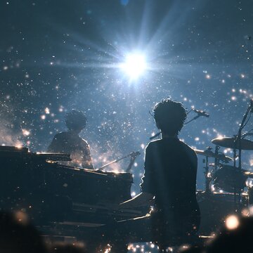 Silhouette of a musician playing keyboard on a stage with brilliant backlight and sparkling particles