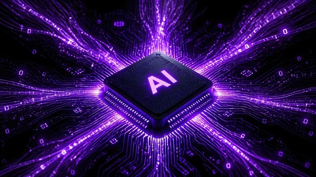 Central AI processor glowing with purple light on a digital circuit board