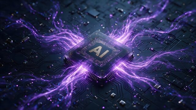 Advanced AI chip processing data with glowing purple energy streams