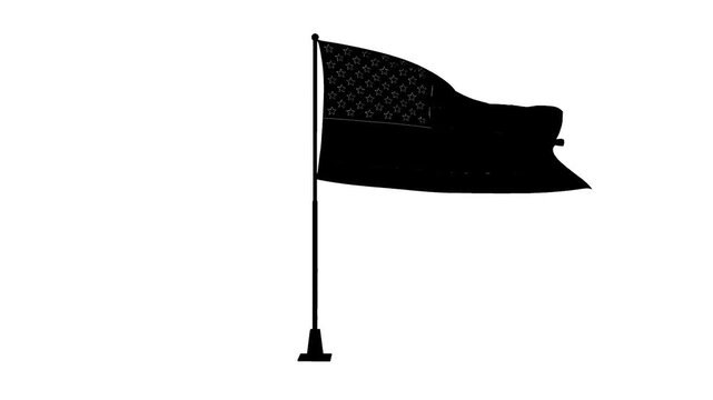 American Flag Silhouette Waving on Pole Isolated on White Background