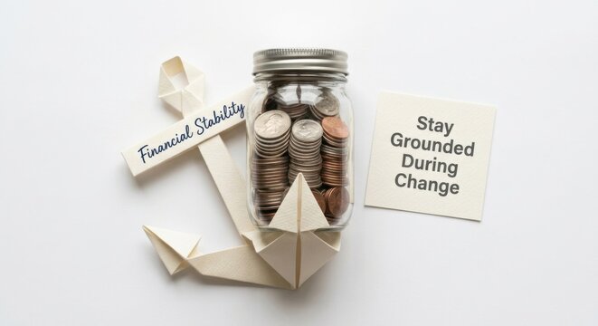 Paper Anchor Holding Jar of Coins with 'Financial Stability' Text