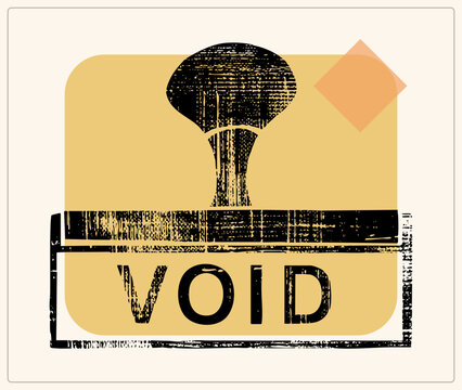 Grungy rubber stamp reading VOID, a rejection or cancel mark, pressed in distressed black ink over a warm mustard badge. Vintage stamp aesthetic suits, rejected, or nullified messaging with