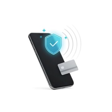Smartphone with credit card and shield icon indicating secure wireless payment
