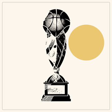 Distressed hoop trophy a basketball crowns a textured champion cup in gritty stencil ink with halftone shading. This winner "hardware" sits beside a warm gold disc.