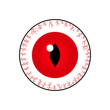 Simple icon of a bloodshot red cat's eye&mdash;themes include eyes, Halloween, grotesque imagery, horror, ghosts, and eeriness