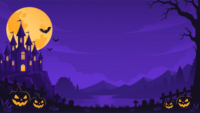 Halloween vector background with haunted castle, full moon, bats, mountains, lake and cemetery, spooky purple night landscape, pumpkins, gothic scenery, graveyard illustration with copy space