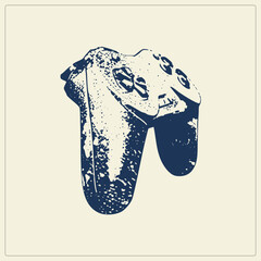 Worn grunge gamepad in navy stencil texture with d pad, face buttons, analog grips. Retro gamers call it a controller or joypad perfect for arcade inspired design with gritty halftone speckle detail. © Rysak