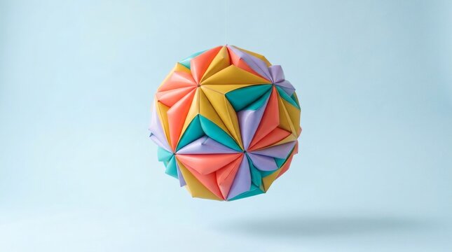 Paper craft origami sphere sculpture with colorful geometric patterns hanging against light blue backdrop.