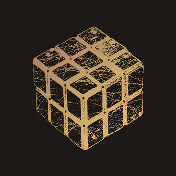 Weathered cube in gritty vintage stencil style, drawn in textured ink. Distressed grunge and isometric geometry give this retro brain teaser a raw, aged print look.