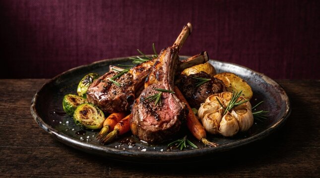 Roasted lamb chops seasoned with rosemary served with roasted garlic brussels sprouts and baby carrots.