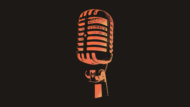 Retro broadcast mic, classic "shure style" tin can, distressed grunge stencil style with hot orange gradient tones. Vintage crooners silhouette as an isolated cutout for music branding.