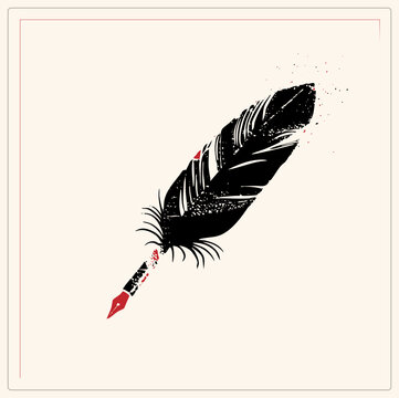 "A distressed black feather quill, the classic scribes dip pen, dissolves into speckled ink dust at its tip. The vivid red nib adds a bold accent to this vintage writers emblem."