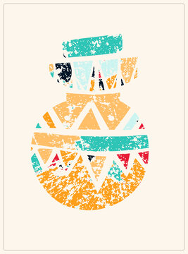 Grungy flat vector of a tribal water jar (olla, clay urn) with zigzag and triangle folk. Distressed stencil texture gives this ceramic pot a rustic hand printed southwestern feel.