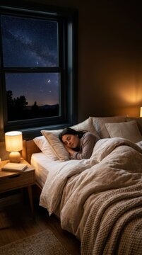 Woman peacefully sleeping in a cozy bedroom at night with stars visible outside the window