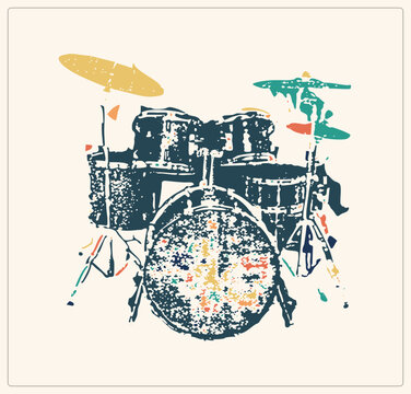 Retro drum kit in distressed stencil style speckled bass drum, toms, cymbals. Muted teal skins with mustard and accents for a vintage music poster feel.