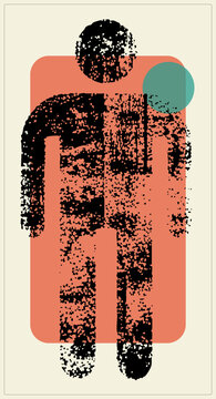 Distressed pictogram man in speckled halftone stands before a rectangle and teal circle. This everyman stick figure gets a gritty risograph makeover.