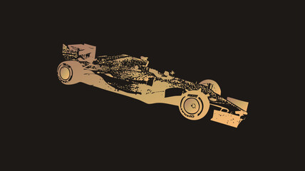 Fototapeta premium Stylized single seater prix in distressed halftone with speckled texture. gradient tones lend a vintage racing poster feel with raw, gritty energy.
