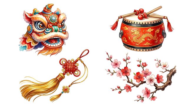 Traditional chinese lunar new year decorative elements with gold ingots and red fabric isolated on white background