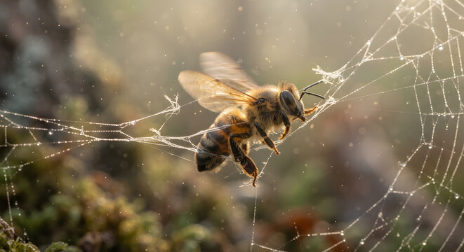 Closeup of a honey bee trapped in a delicate spider web