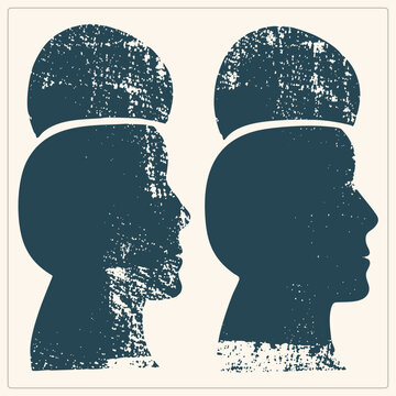 Two grunge silhouette noggins in profile with skull tops lifted open, mind and psyche exposed. Distressed stencil texture gives this brain artwork a raw vintage screen print feel.
