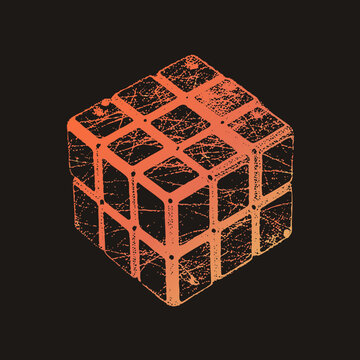 "Grungy magic cube in scratchy orange stencil texture, classic puzzle cube with worn ink speckles and rough edges. Retro speed cube silhouette with distressed halftone grit on transparent background."
