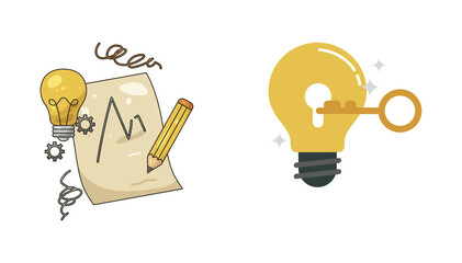 Trophy Award Cup and Lightbulb Idea Icon Set for Success and Business Innovation on Transparent Background PNG © Esha