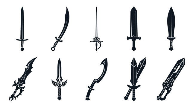 Medieval sword silhouettes set, 10 fantasy blade icons in black vector style, ancient warrior weapon collection for gaming and logo design