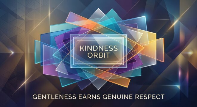 Abstract Geometric Composition of Transparent Rectangles with "Kindness Orbit" Text