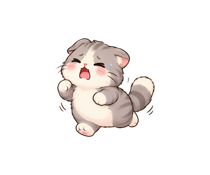 Cute cartoon kitten running in panic or crying with sweat drops