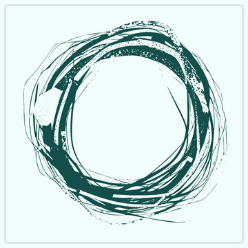 Hand drawn scribble ring, a rough doodle loop with distressed speckle texture, sketched in dark teal. This grungy circlet works as a badge or emblem frame with organic sketchy energy.