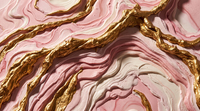 Thick impasto acrylic texture with soft pink swirls and raised golden lines